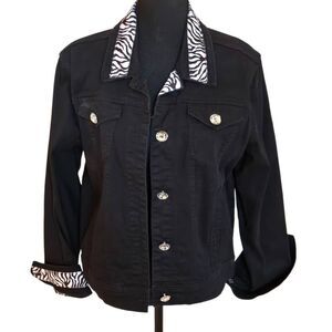 Women's Zebra Print Trim Crystal Button Front Denim Cotton Jacket Black Large